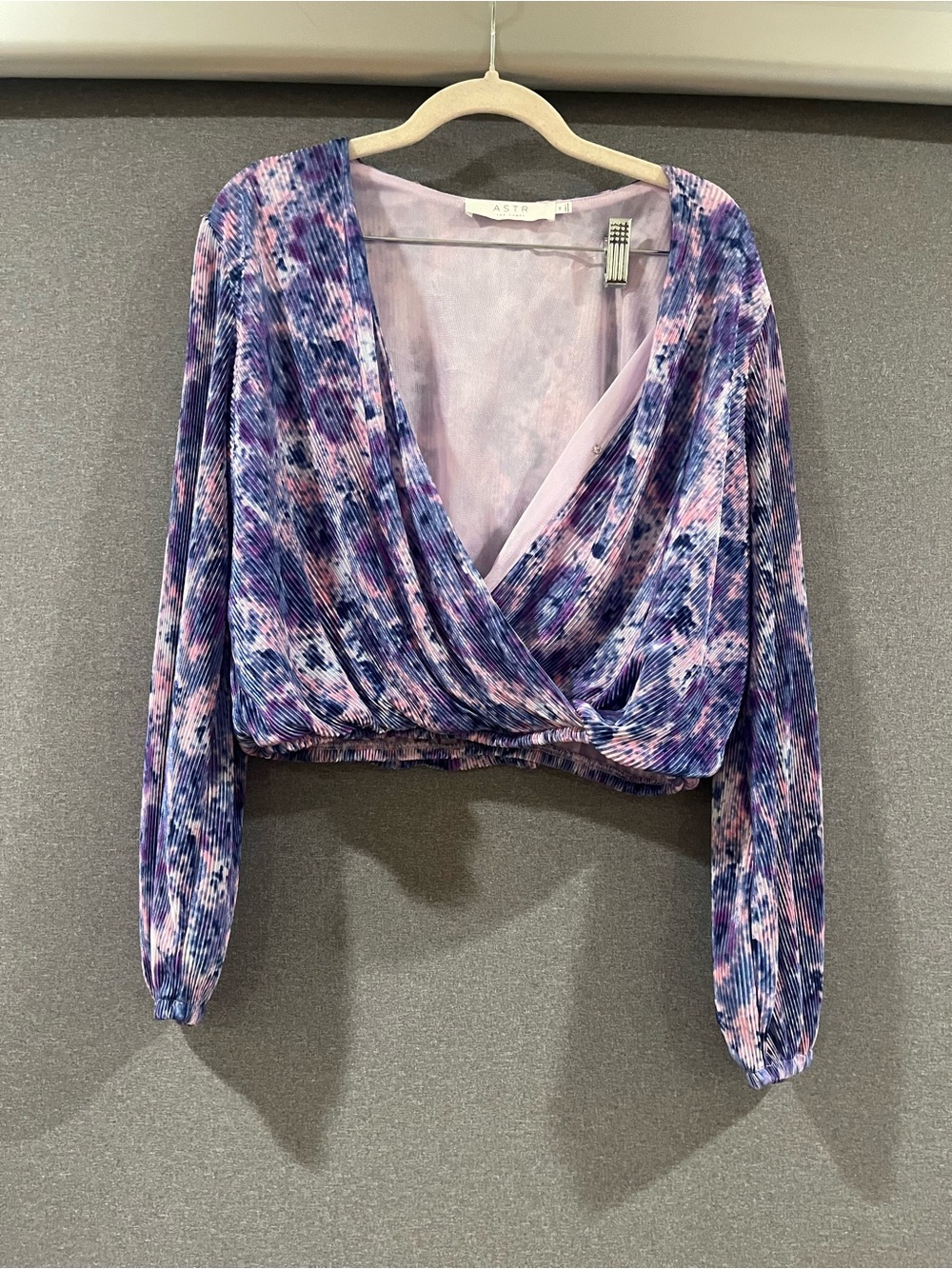 Astr Purple Multi-Print Tie-Front Cropped Top